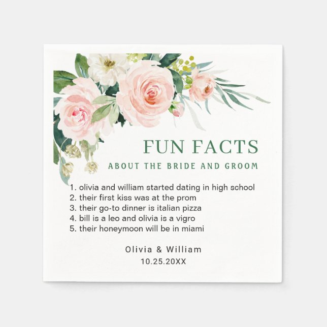 Serviette En Papier Élégant Blush rose Floral Fun Facts Mariage (Devant)