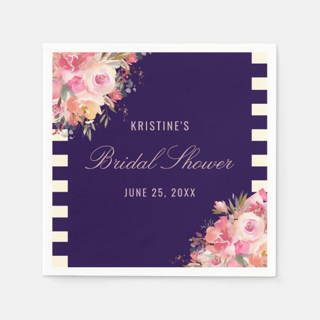 Serviette En Papier Élégant Blush Rose Floral Navy Bleu Stripes (Devant)