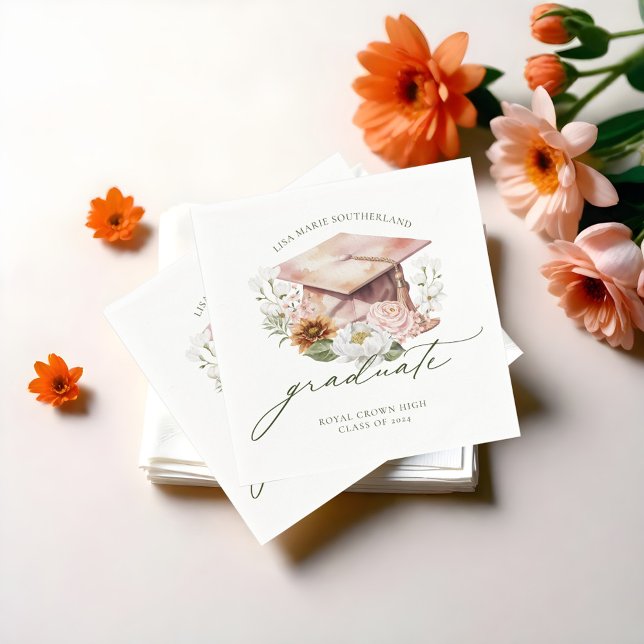 Serviette En Papier Elégant Boho Aquarelle Florales Graduation Cap (Elegant Boho Watercolor Florals Graduation Cap Napkins)