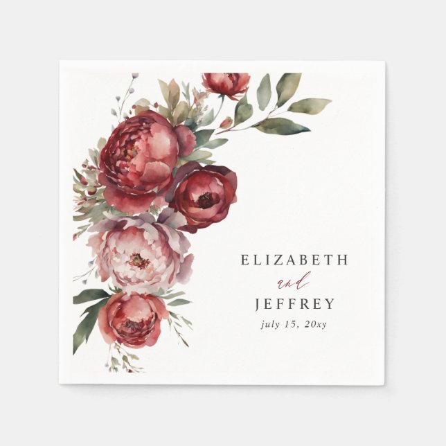 Serviette En Papier Élégant Boho Bourgogne Blush Floral Mariage (Devant)