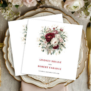 Serviette En Papier Élégant Boho Bourgogne Floral Eucalyptus Or