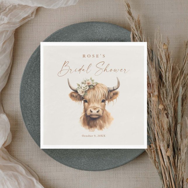 Serviette En Papier Élégant Boho Highland Cow Shower de Mariage (Elegant boho highland cow bridal shower napkins.)