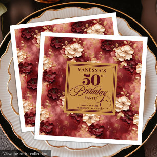 Serviette En Papier Élégant Boho Merlot Blush Or 50e Anniversaire