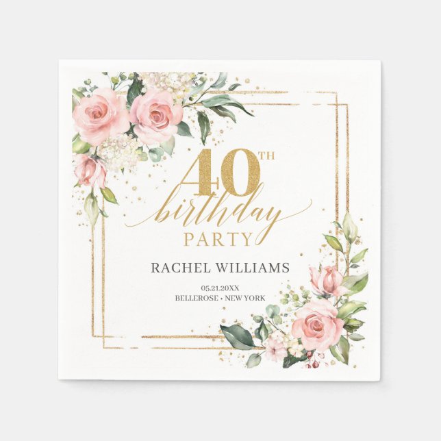 Serviette En Papier Elégant boho rose rousse roses verdure cadre or (Devant)