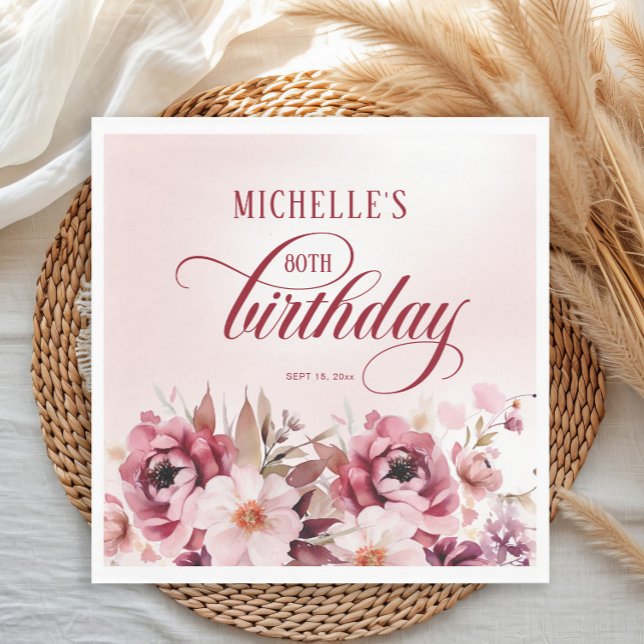 Serviette En Papier Élégant bouillon rose 80e anniversaire (Burgundy and pink watercolor floral birthday party paper napkin)