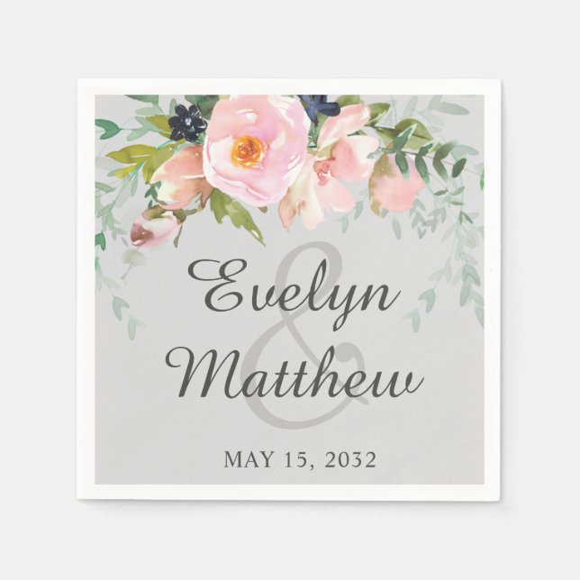 Serviette En Papier Élégant bouquet floral rose et gris Mariage N (Devant)