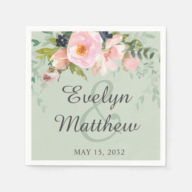 Serviette En Papier Elégant bouquet floral rose sur vert Sage (Devant)
