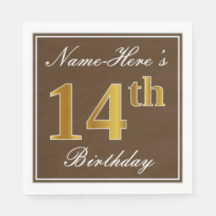 Serviette En Papier Elégant Brown, Faux Gold 14ème anniversaire + Nom
