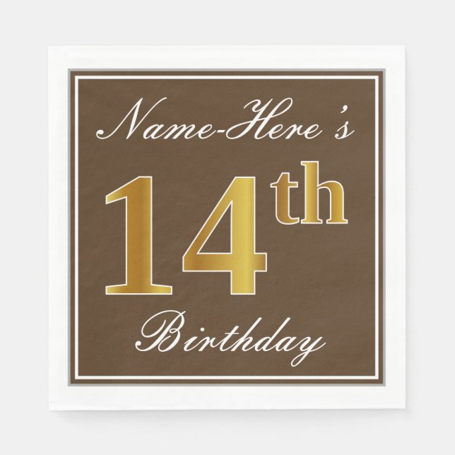 Serviette En Papier Elégant Brown, Faux Gold 14ème anniversaire + Nom (Devant)