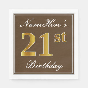 Serviette En Papier Elégant Brown, Faux Gold 21ème Anniversaire + Nom