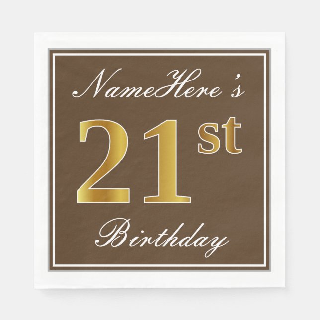 Serviette En Papier Elégant Brown, Faux Gold 21ème Anniversaire + Nom (Devant)