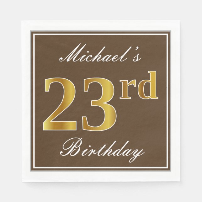 Serviette En Papier Elégant Brown, Faux Gold 23ème anniversaire + Nom (Devant)