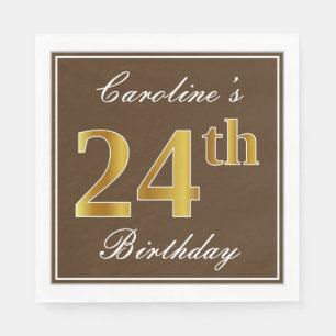 Serviette En Papier Elégant Brown, Faux Gold 24ème anniversaire + Nom