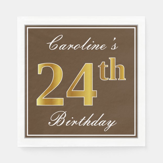 Serviette En Papier Elégant Brown, Faux Gold 24ème anniversaire + Nom (Devant)