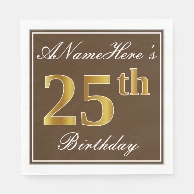 Serviette En Papier Elégant Brown, Faux Gold 25e anniversaire + Nom (Devant)