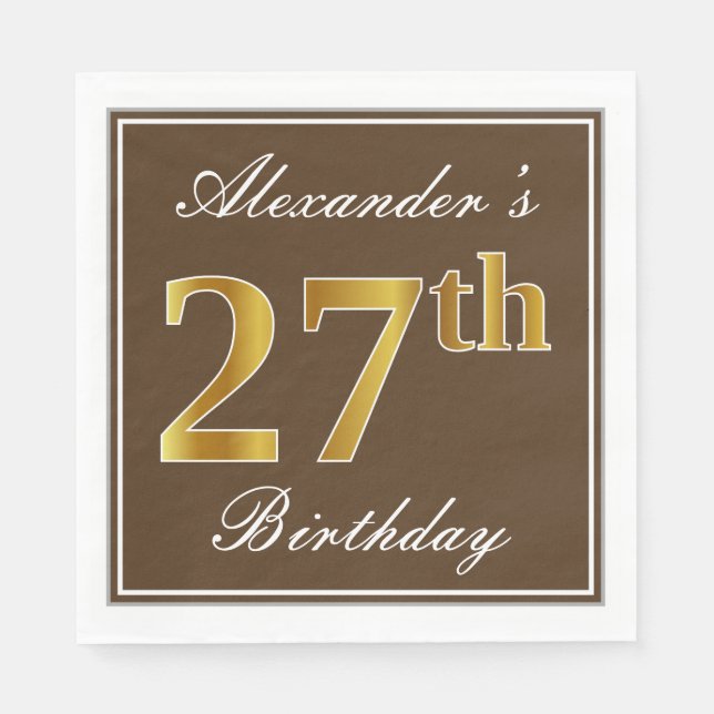 Serviette En Papier Elégant Brown, Faux Gold 27ème anniversaire + Nom (Devant)