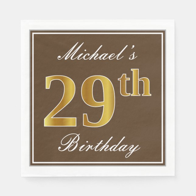 Serviette En Papier Elégant Brown, Faux Gold 29ème anniversaire + Nom (Devant)