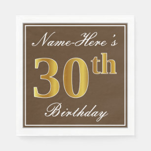 Serviette En Papier Elégant Brown, Faux Gold 30e anniversaire + Nom
