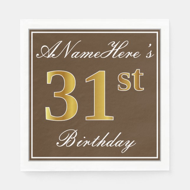 Serviette En Papier Elégant Brown, Faux Gold 31ème Anniversaire + Nom (Devant)