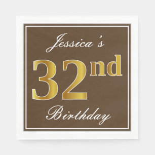 Serviette En Papier Elégant Brown, Faux Gold 32ème anniversaire + Nom