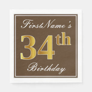 Serviette En Papier Élégant Brown, Faux Gold 34e anniversaire + Nom