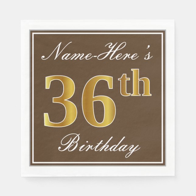 Serviette En Papier Elégant Brown, Faux Gold 36ème anniversaire + Nom (Devant)