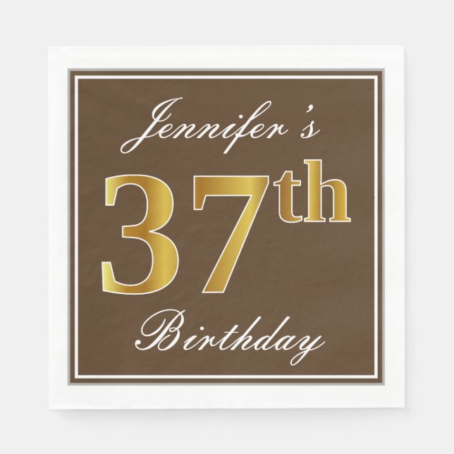 Serviette En Papier Elégant Brown, Faux Gold 37ème anniversaire + Nom (Devant)