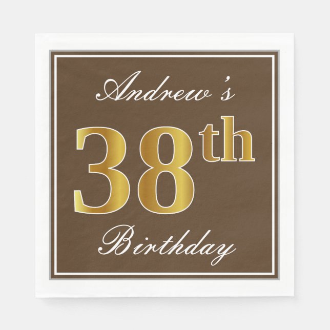 Serviette En Papier Elégant Brown, Faux Gold 38ème anniversaire + Nom (Devant)