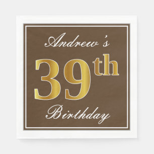 Serviette En Papier Elégant Brown, Faux Gold 39ème anniversaire + Nom
