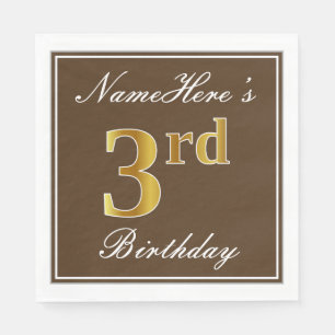 Serviette En Papier Elégant Brown, Faux Gold 3e anniversaire; Nom pers