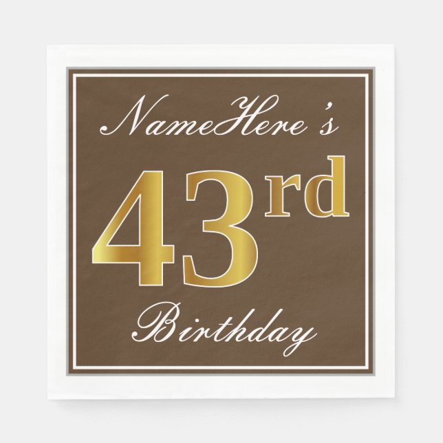 Serviette En Papier Elégant Brown, Faux Gold 43ème anniversaire + Nom (Devant)