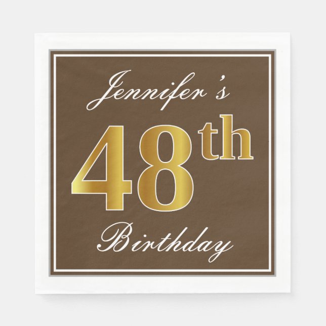 Serviette En Papier Elégant Brown, Faux Gold 48ème anniversaire + Nom (Devant)