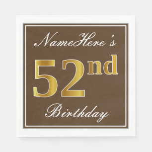 Serviette En Papier Elégant Brown, Faux Gold 52ème anniversaire + Nom