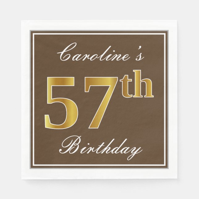 Serviette En Papier Elégant Brown, Faux Gold 57ème anniversaire + Nom (Devant)