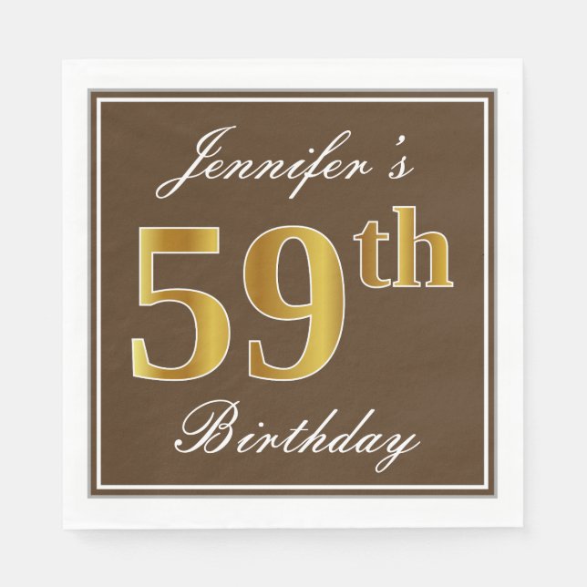 Serviette En Papier Elégant Brown, Faux Gold 59ème anniversaire + Nom (Devant)