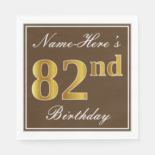 Serviette En Papier Elégant Brown, Faux Gold 82ème anniversaire + Nom (Devant)