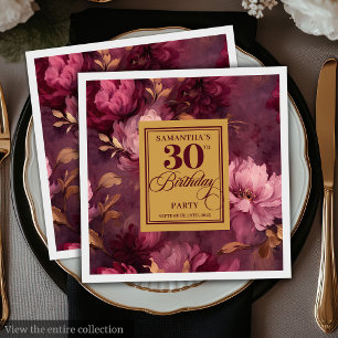Serviette En Papier Elégant Burgundy Blush Gold Boho 30e anniversaire