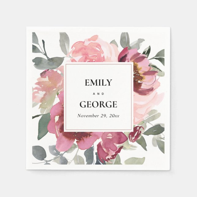 SERVIETTE EN PAPIER ELÉGANT BURGUNDY BURGUNDY COULEUR D'EAU MARIAGE FL (Devant)