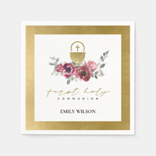 SERVIETTE EN PAPIER ÉLÉGANT BURGUNDY GOLD FLORAL PREMIER SAINT COMMUNI