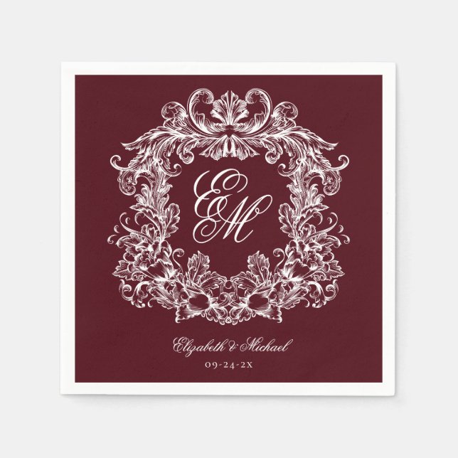Serviette En Papier Elegant Burgundy Monogram Crest Script Wedding (Devant)