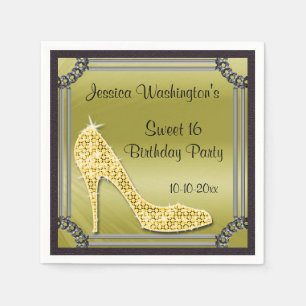 Serviette En Papier Élégant cadre argenté stiletto doré Sweet 16
