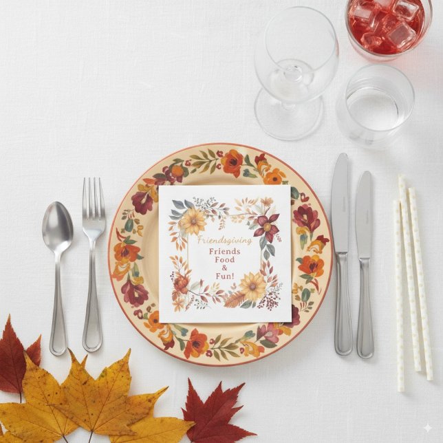 Serviette En Papier Elégant cadre floral automne Friendsgiving Dîner (Créateur téléchargé)