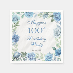Serviette En Papier Elégant cadre floral bleu 100e fête d'anniversaire