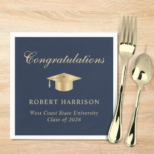 Serviette En Papier Élégant Casquette Bleu Gold Graduation Party