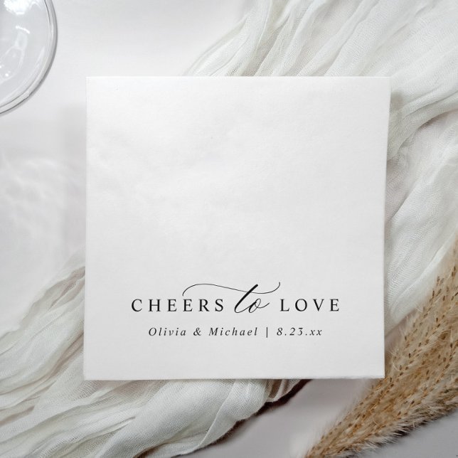 Serviette En Papier Elegant Cheers to Love Simple Black White Wedding (Black and white wedding napkins with elegant calligraphy reading “cheers to love” in modern style)