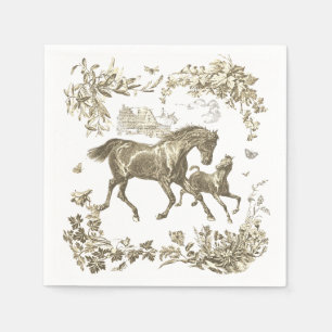 Serviette En Papier Élégant Cheval Blanc Beige Vintage Floral