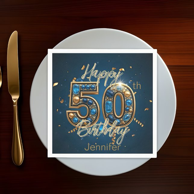 Serviette En Papier Elégant Chic Gold et Blue Gemstone 50e anniversair (Créateur téléchargé)