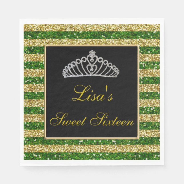 Serviette En Papier Elégant Chic Green Gold Parties scintillant Tiara  (Devant)