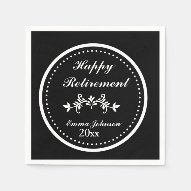 Serviette En Papier Élégant Chic noir & blanc Bonne retraite (Devant)