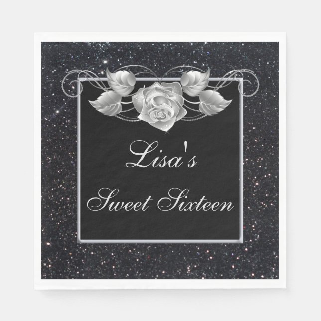 Serviette En Papier Elégant Chic Parties scintillant noire Rose argent (Devant)